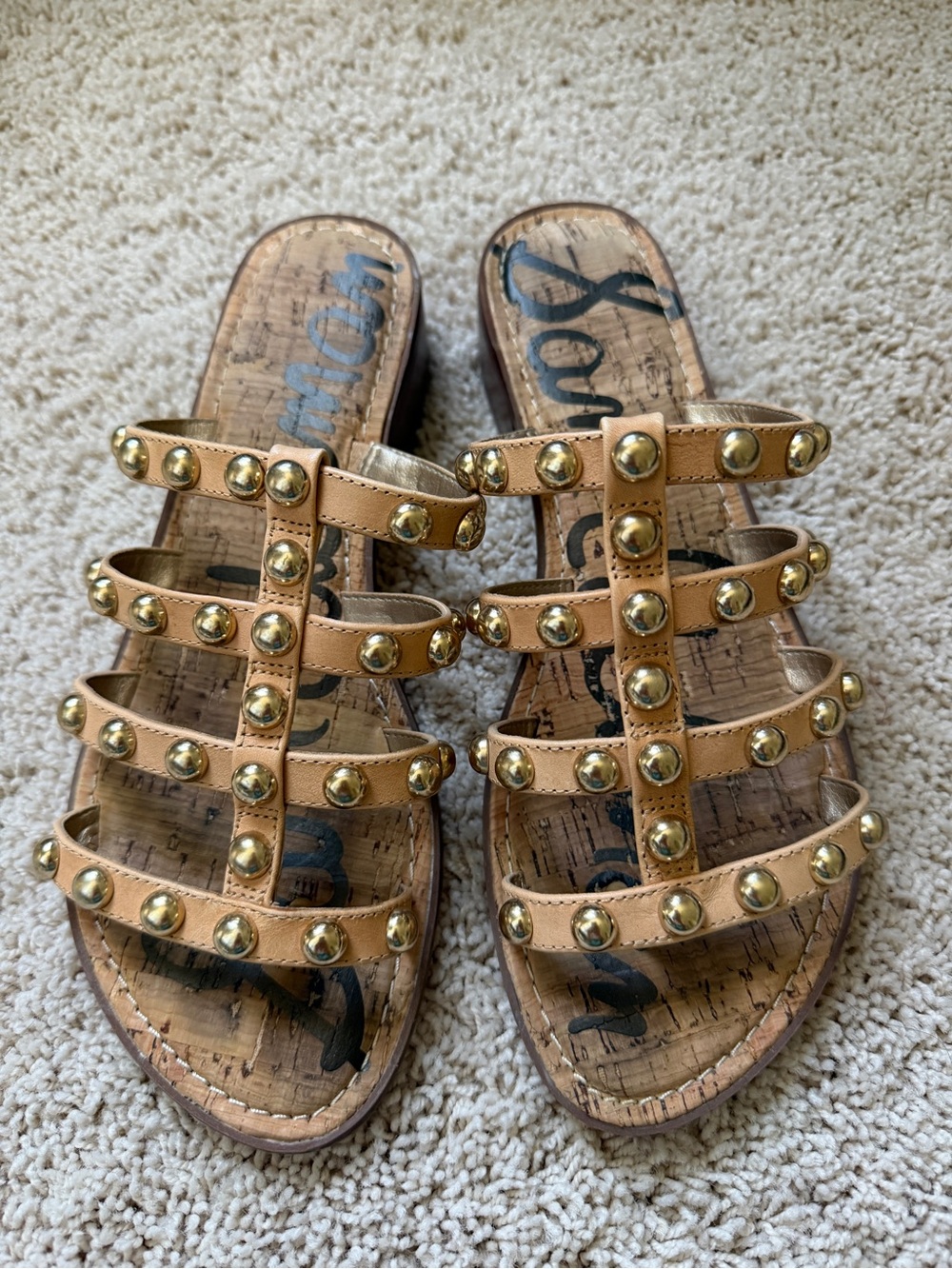 Sam Edelman Tan Leather Multi-Strap Stud Slide Sandals with Gold Studs